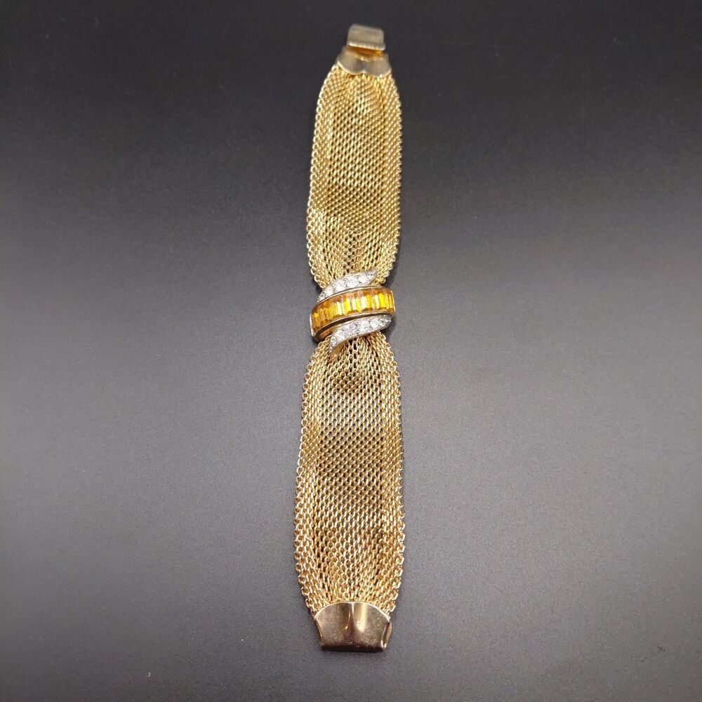 Vintage Emmons Mesh Bracelet Faux Topaz Rhinestones Gold Tone